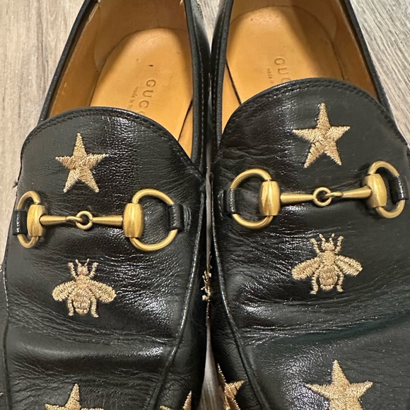 Gucci Black Leather Jordaan Embroidered Bee Horsebit Slip On Loafers Size 37 - Picture 6 of 14